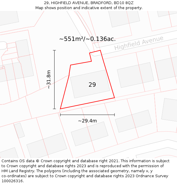 29, HIGHFIELD AVENUE, BRADFORD, BD10 8QZ: Plot and title map