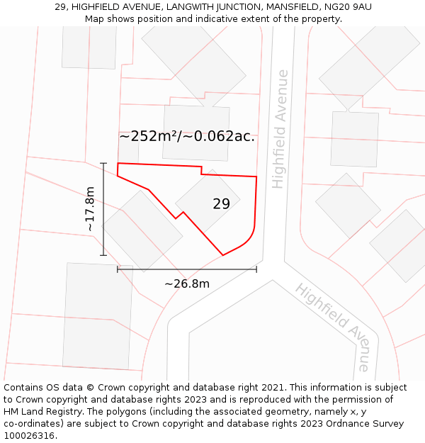 29, HIGHFIELD AVENUE, LANGWITH JUNCTION, MANSFIELD, NG20 9AU: Plot and title map