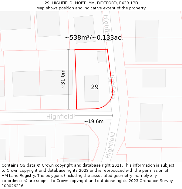 29, HIGHFIELD, NORTHAM, BIDEFORD, EX39 1BB: Plot and title map