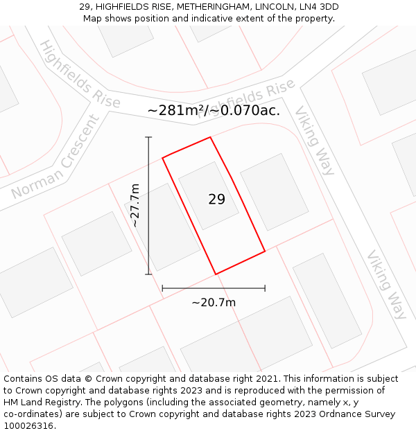 29, HIGHFIELDS RISE, METHERINGHAM, LINCOLN, LN4 3DD: Plot and title map