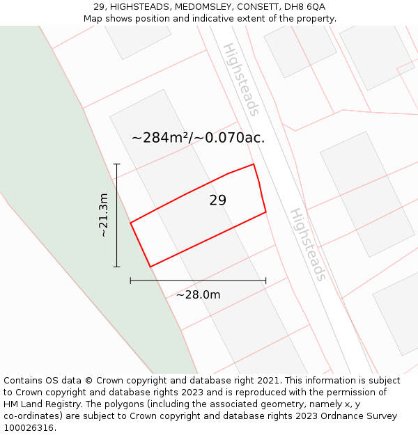 29, HIGHSTEADS, MEDOMSLEY, CONSETT, DH8 6QA: Plot and title map