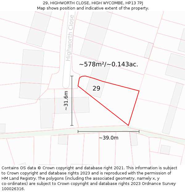 29, HIGHWORTH CLOSE, HIGH WYCOMBE, HP13 7PJ: Plot and title map