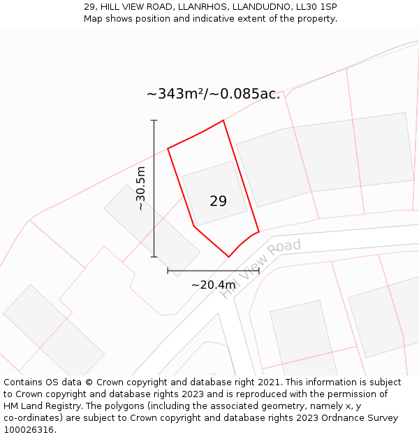 29, HILL VIEW ROAD, LLANRHOS, LLANDUDNO, LL30 1SP: Plot and title map
