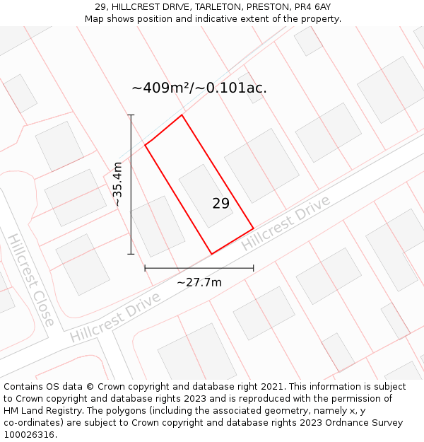 29, HILLCREST DRIVE, TARLETON, PRESTON, PR4 6AY: Plot and title map