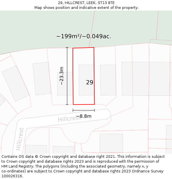 29, HILLCREST, LEEK, ST13 8TE: Plot and title map