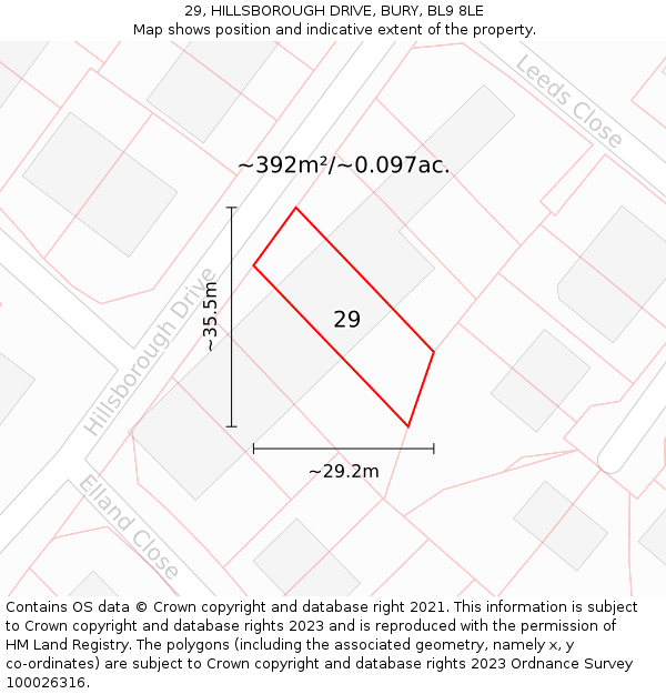 29, HILLSBOROUGH DRIVE, BURY, BL9 8LE: Plot and title map