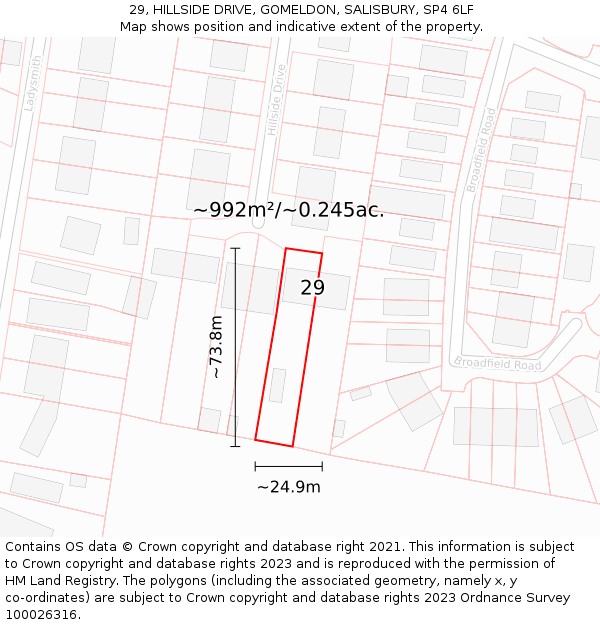 29, HILLSIDE DRIVE, GOMELDON, SALISBURY, SP4 6LF: Plot and title map