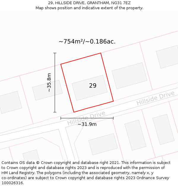 29, HILLSIDE DRIVE, GRANTHAM, NG31 7EZ: Plot and title map