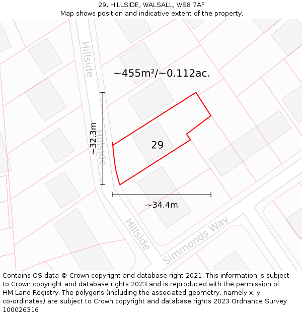 29, HILLSIDE, WALSALL, WS8 7AF: Plot and title map