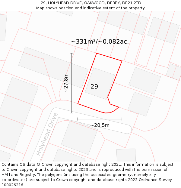 29, HOLYHEAD DRIVE, OAKWOOD, DERBY, DE21 2TD: Plot and title map