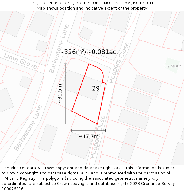 29, HOOPERS CLOSE, BOTTESFORD, NOTTINGHAM, NG13 0FH: Plot and title map