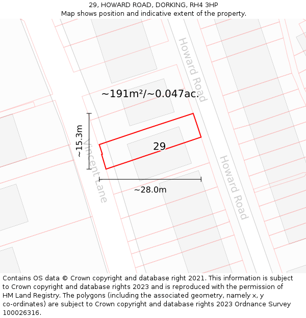 29, HOWARD ROAD, DORKING, RH4 3HP: Plot and title map
