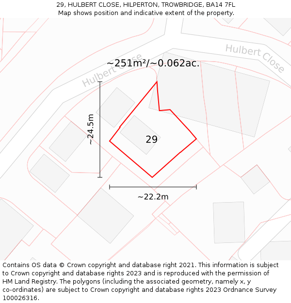 29, HULBERT CLOSE, HILPERTON, TROWBRIDGE, BA14 7FL: Plot and title map