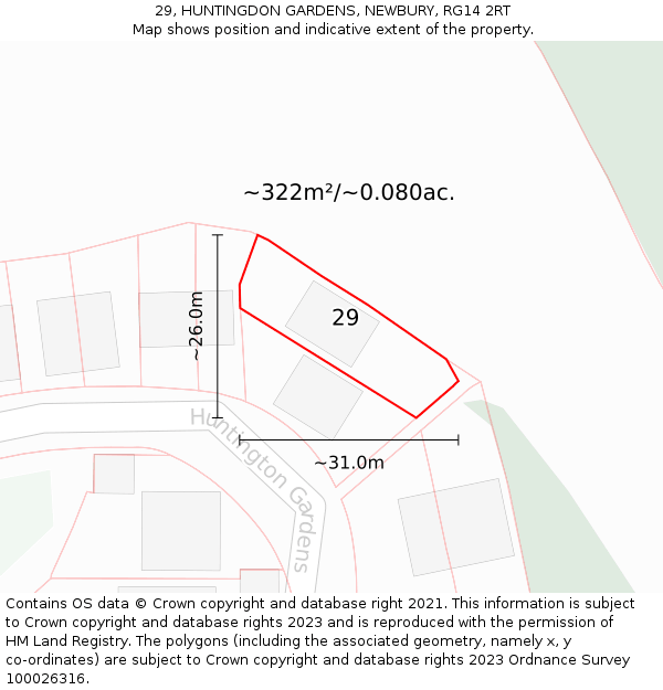 29, HUNTINGDON GARDENS, NEWBURY, RG14 2RT: Plot and title map