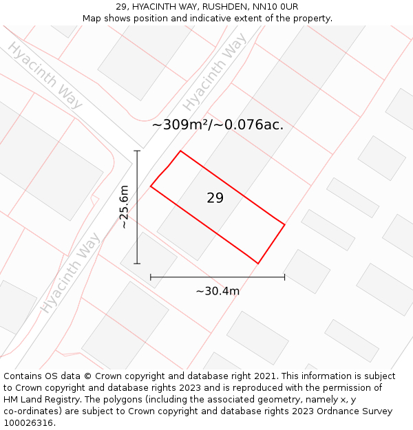 29, HYACINTH WAY, RUSHDEN, NN10 0UR: Plot and title map