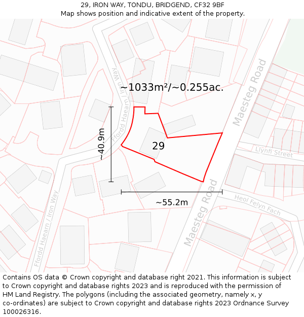 29, IRON WAY, TONDU, BRIDGEND, CF32 9BF: Plot and title map