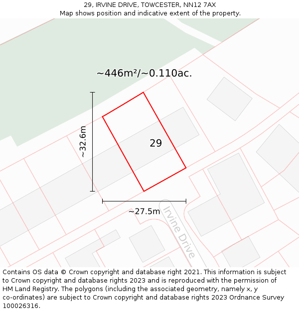 29, IRVINE DRIVE, TOWCESTER, NN12 7AX: Plot and title map
