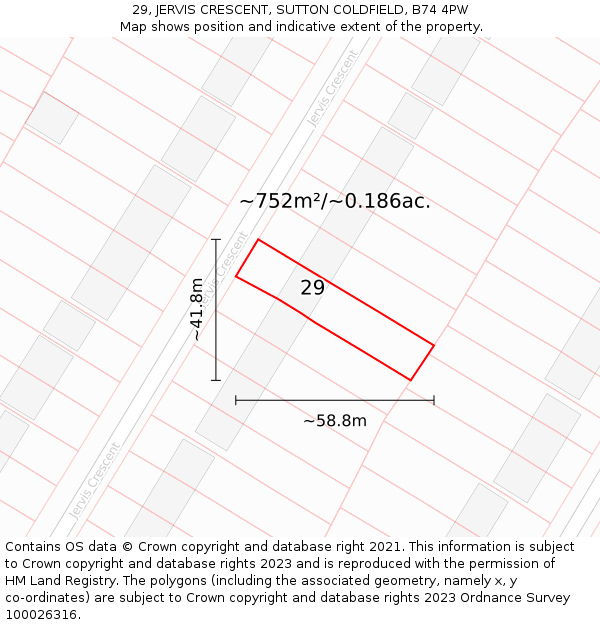 29, JERVIS CRESCENT, SUTTON COLDFIELD, B74 4PW: Plot and title map