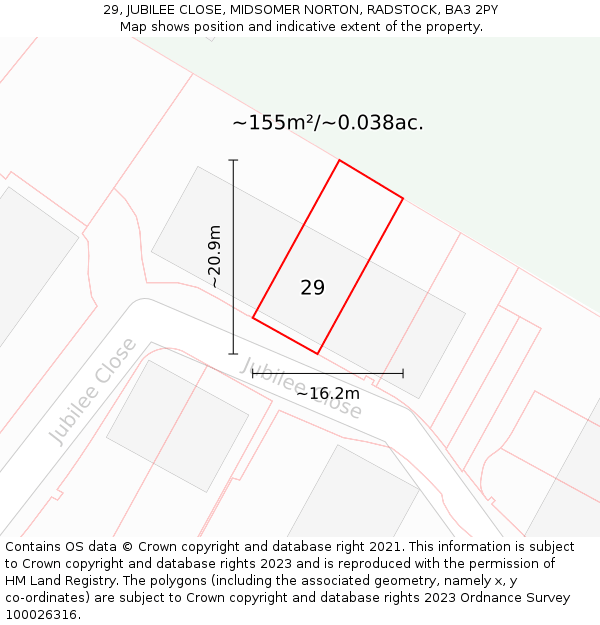 29, JUBILEE CLOSE, MIDSOMER NORTON, RADSTOCK, BA3 2PY: Plot and title map