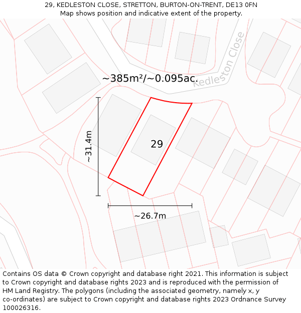 29, KEDLESTON CLOSE, STRETTON, BURTON-ON-TRENT, DE13 0FN: Plot and title map