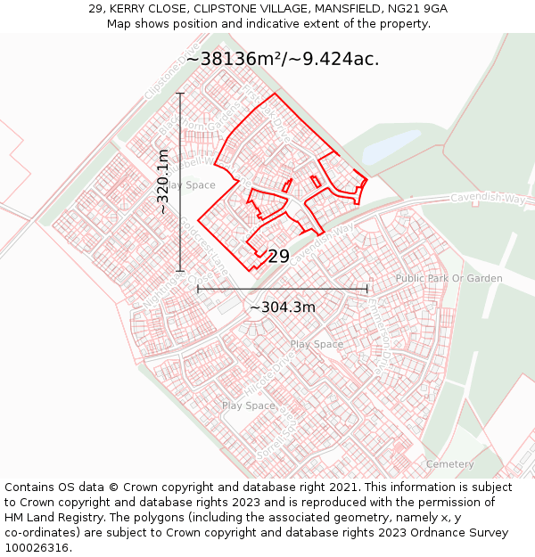 29, KERRY CLOSE, CLIPSTONE VILLAGE, MANSFIELD, NG21 9GA: Plot and title map