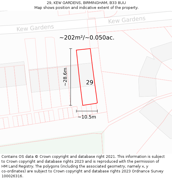29, KEW GARDENS, BIRMINGHAM, B33 8UU: Plot and title map