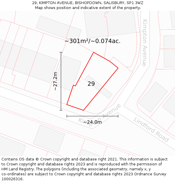 29, KIMPTON AVENUE, BISHOPDOWN, SALISBURY, SP1 3WZ: Plot and title map