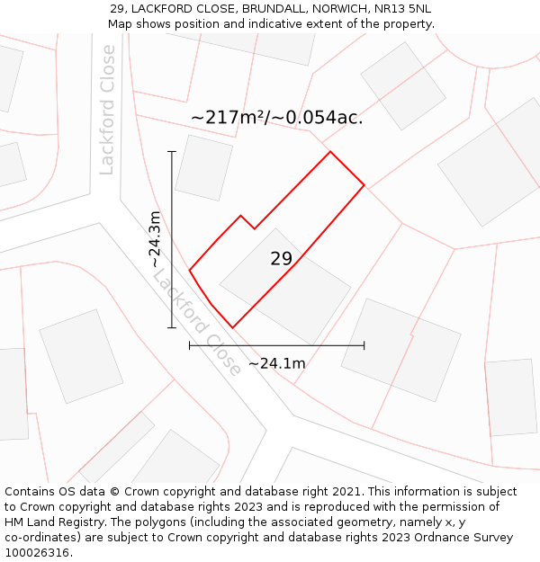 29, LACKFORD CLOSE, BRUNDALL, NORWICH, NR13 5NL: Plot and title map