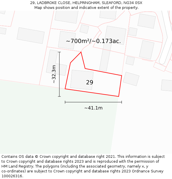 29, LADBROKE CLOSE, HELPRINGHAM, SLEAFORD, NG34 0SX: Plot and title map