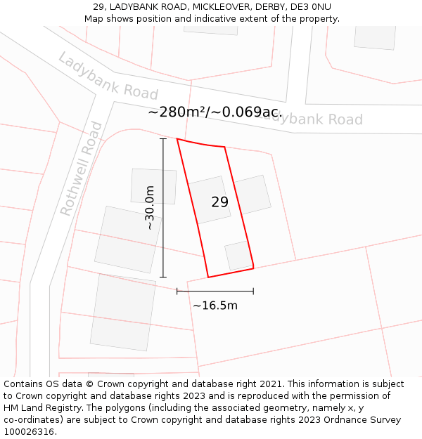 29, LADYBANK ROAD, MICKLEOVER, DERBY, DE3 0NU: Plot and title map