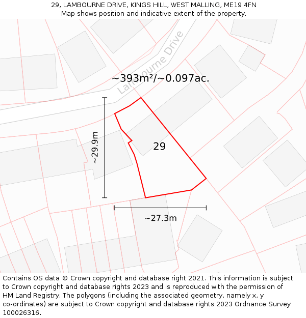 29, LAMBOURNE DRIVE, KINGS HILL, WEST MALLING, ME19 4FN: Plot and title map