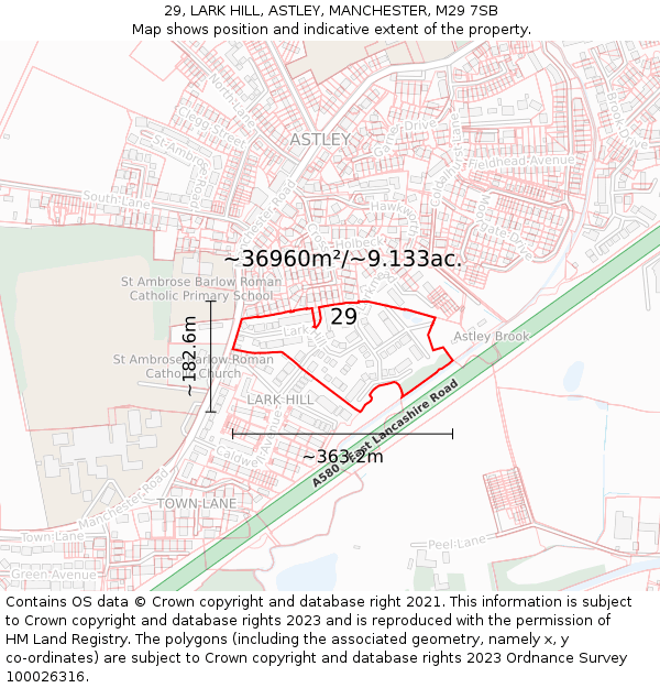 29, LARK HILL, ASTLEY, MANCHESTER, M29 7SB: Plot and title map