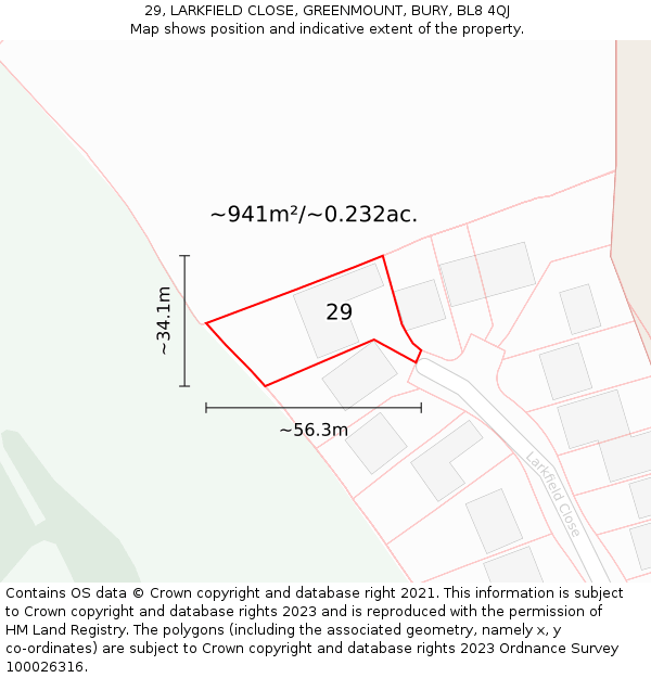29, LARKFIELD CLOSE, GREENMOUNT, BURY, BL8 4QJ: Plot and title map