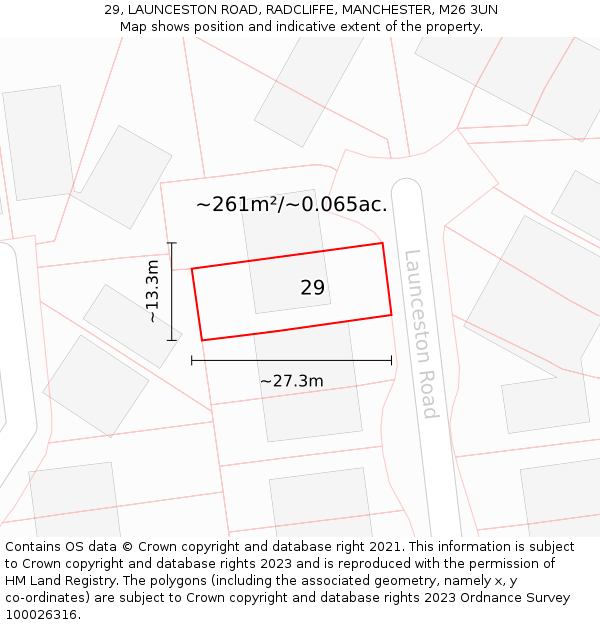 29, LAUNCESTON ROAD, RADCLIFFE, MANCHESTER, M26 3UN: Plot and title map