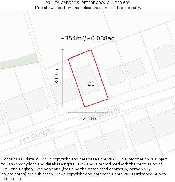 29, LEA GARDENS, PETERBOROUGH, PE3 6BY: Plot and title map