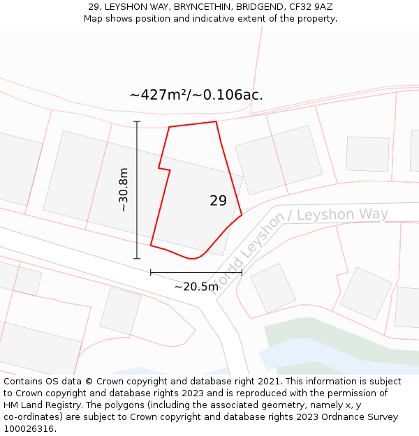 29, LEYSHON WAY, BRYNCETHIN, BRIDGEND, CF32 9AZ: Plot and title map