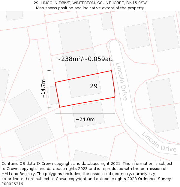 29, LINCOLN DRIVE, WINTERTON, SCUNTHORPE, DN15 9SW: Plot and title map