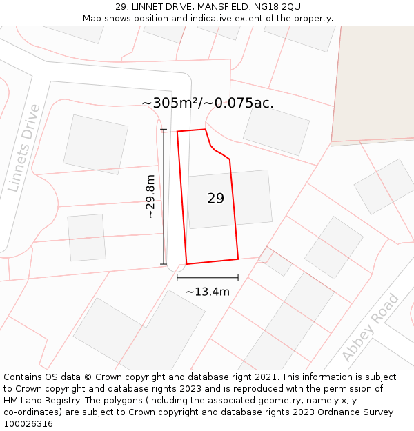 29, LINNET DRIVE, MANSFIELD, NG18 2QU: Plot and title map