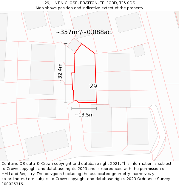 29, LINTIN CLOSE, BRATTON, TELFORD, TF5 0DS: Plot and title map