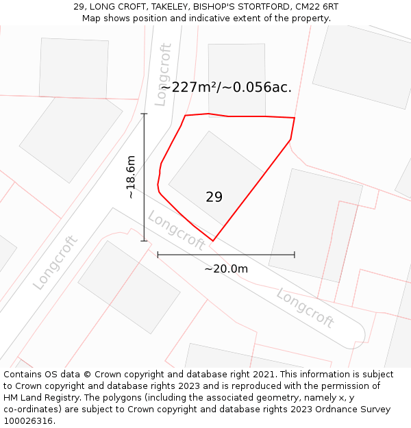 29, LONG CROFT, TAKELEY, BISHOP'S STORTFORD, CM22 6RT: Plot and title map