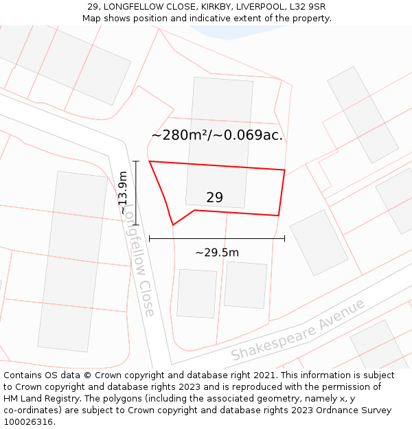 29, LONGFELLOW CLOSE, KIRKBY, LIVERPOOL, L32 9SR: Plot and title map