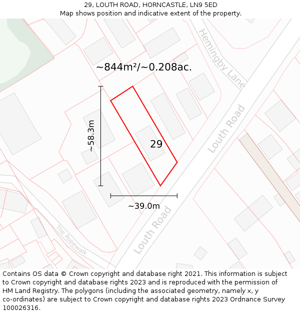 29, LOUTH ROAD, HORNCASTLE, LN9 5ED: Plot and title map