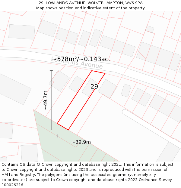 29, LOWLANDS AVENUE, WOLVERHAMPTON, WV6 9PA: Plot and title map