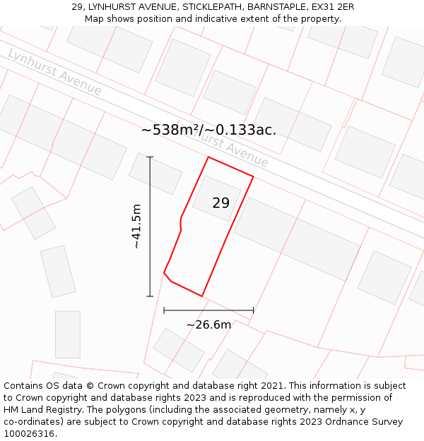 29, LYNHURST AVENUE, STICKLEPATH, BARNSTAPLE, EX31 2ER: Plot and title map