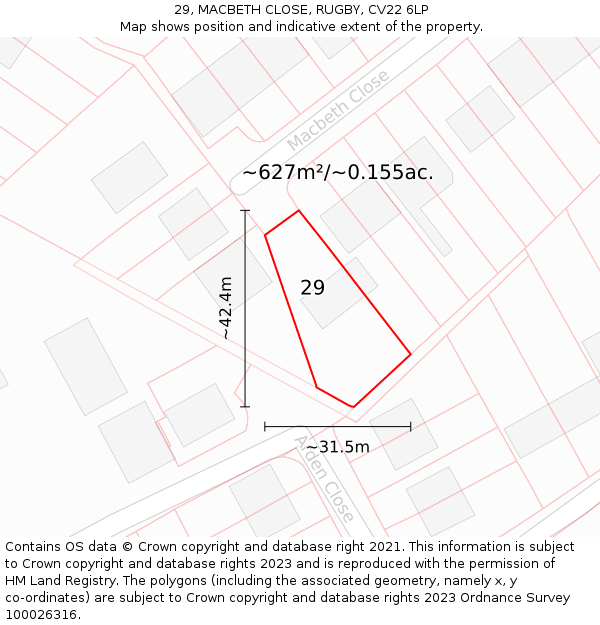 29, MACBETH CLOSE, RUGBY, CV22 6LP: Plot and title map