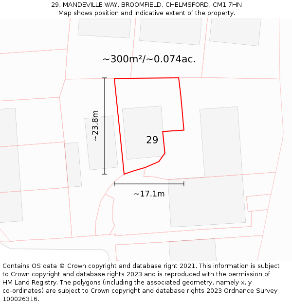 29, MANDEVILLE WAY, BROOMFIELD, CHELMSFORD, CM1 7HN: Plot and title map
