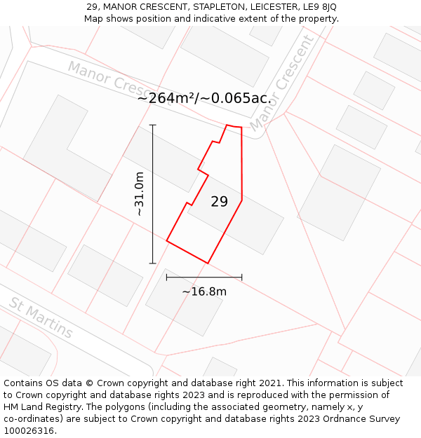 29, MANOR CRESCENT, STAPLETON, LEICESTER, LE9 8JQ: Plot and title map