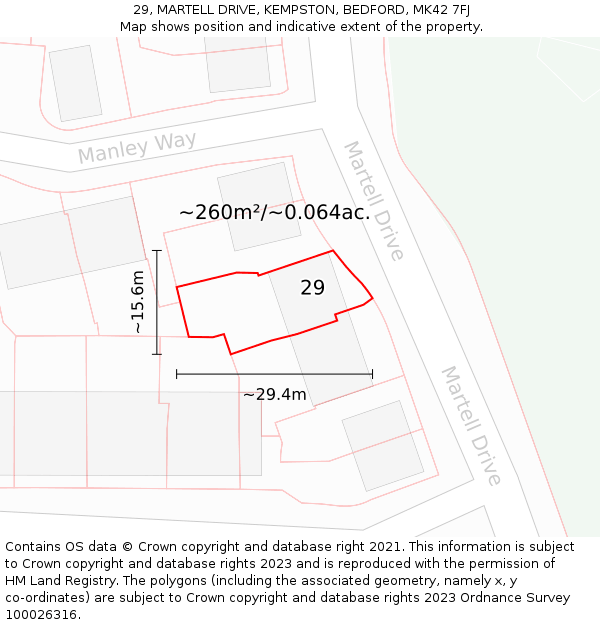 29, MARTELL DRIVE, KEMPSTON, BEDFORD, MK42 7FJ: Plot and title map