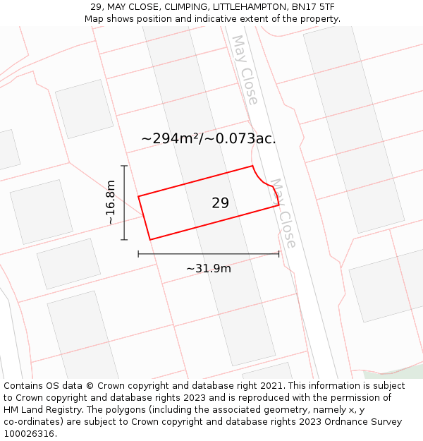29, MAY CLOSE, CLIMPING, LITTLEHAMPTON, BN17 5TF: Plot and title map