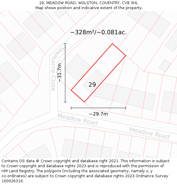 29, MEADOW ROAD, WOLSTON, COVENTRY, CV8 3HL: Plot and title map
